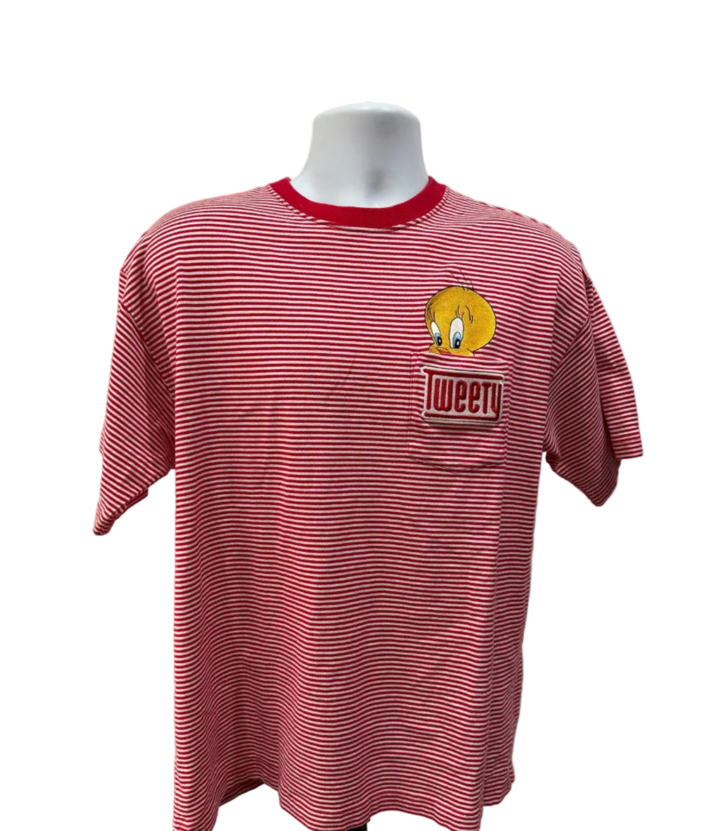 (Men's Large) 90s Striped Tweety Bird Pocket Short Sleeve